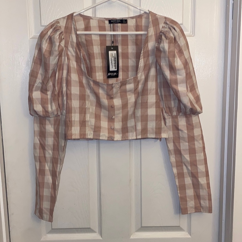 Nasty gal Gingham Puff Sleeve Square Neck Cropped Blouse